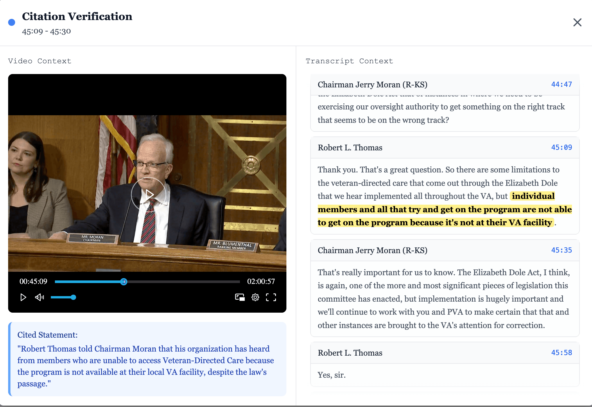 HillGenius interface showing transcript with video player and click-to-verify timestamps