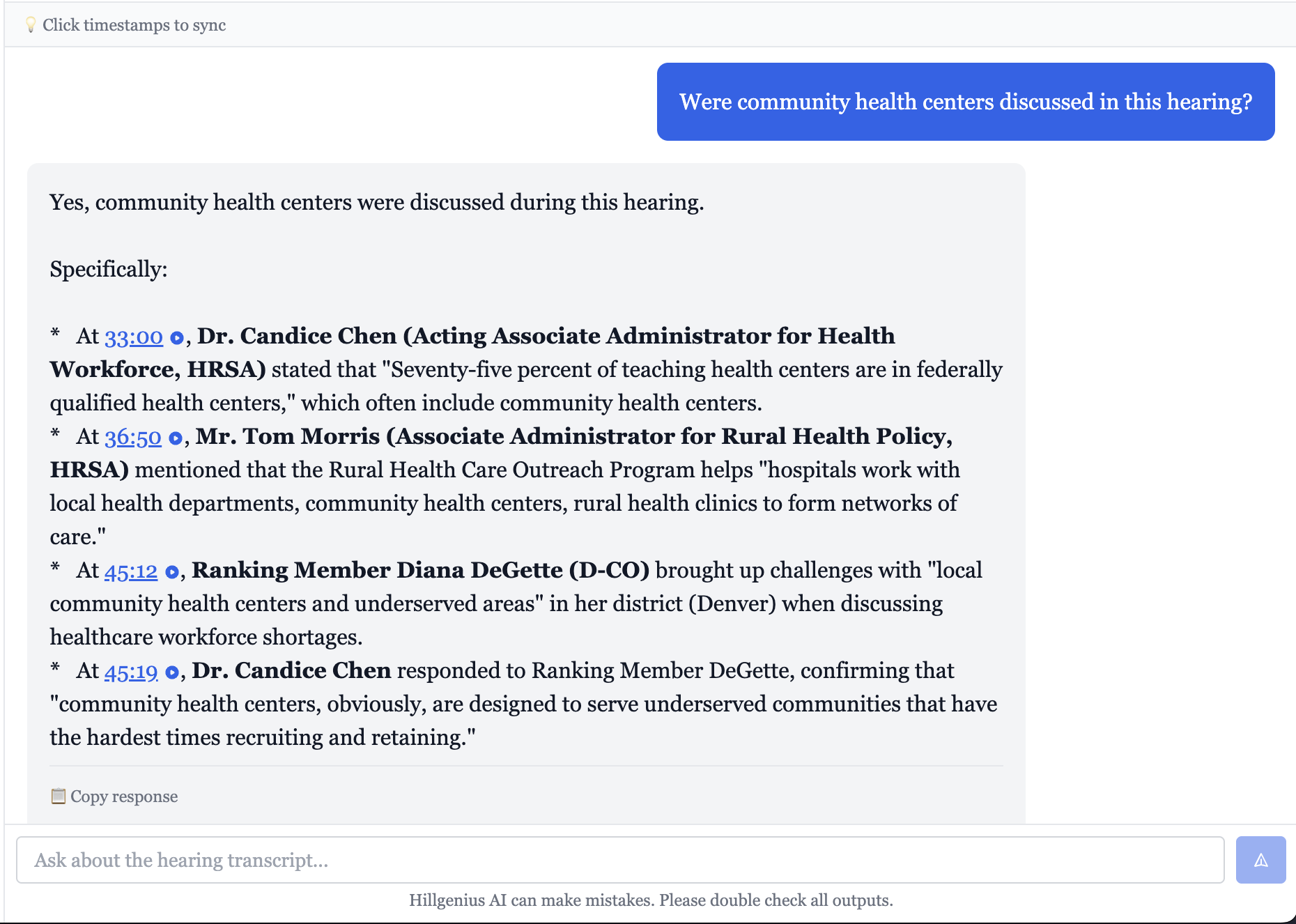 AI analysis interface showing targeted questions and detailed responses about hearing content with timestamp references