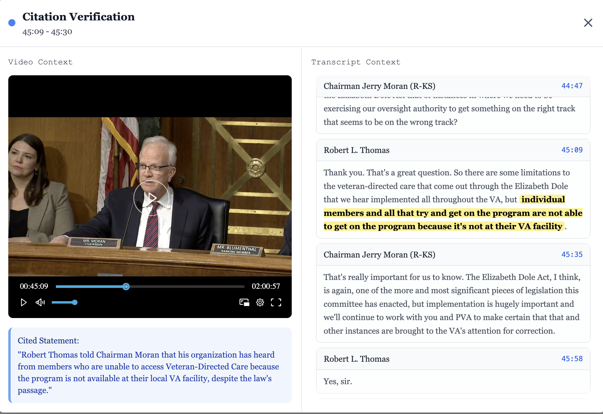 Hillgenius interface showing transcript with video player and click-to-verify timestamps