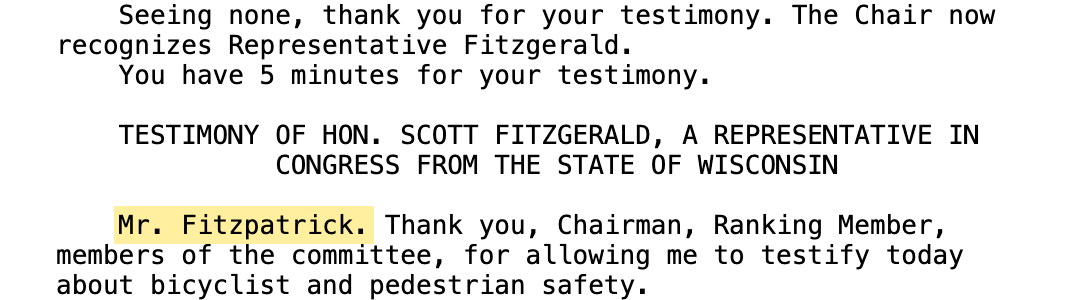 The printed record, with the speaker label “Mr. Fitzpatrick.” highlighted where Rep. Scott Fitzgerald was speaking.